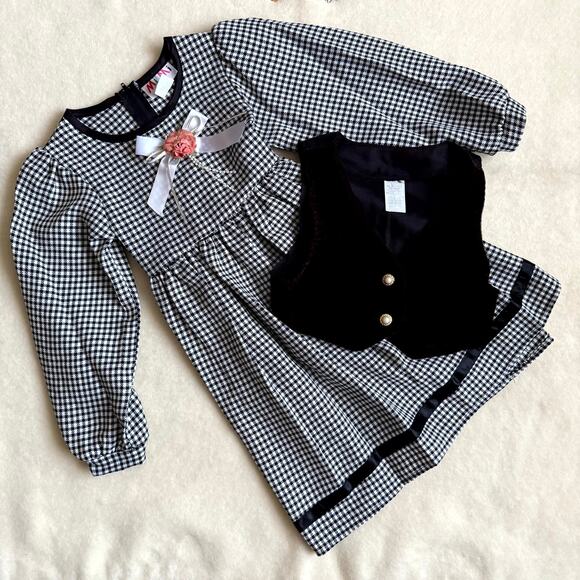 Vintage 90s MiMi Fashion Vest & Dress Set Girls Size 4T Black White Gingham Bow - Picture 3 of 7